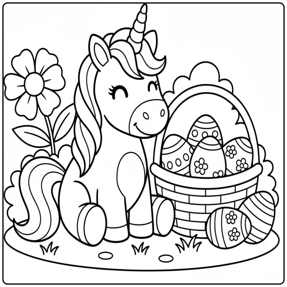 Kleurplaat unicorn pasen met mand vol eieren en een bloem.