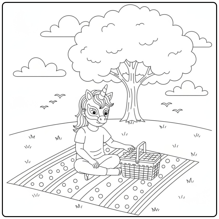 Meisje met unicorn masker kleurplaat picknick onder een boom
