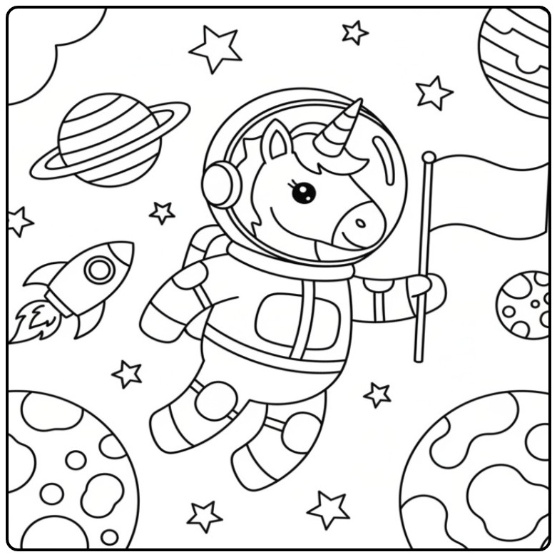 Ruimte eenhoorn kleurplaat in het heelal