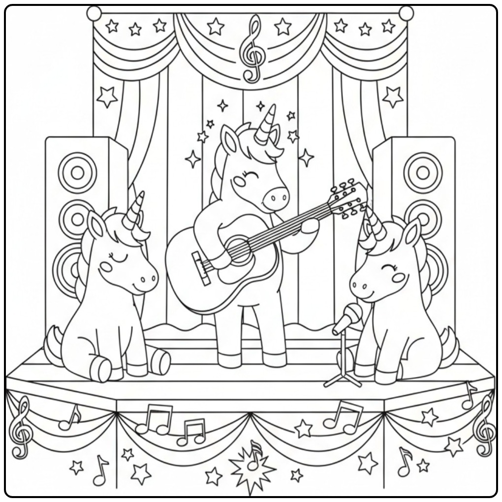 Schattige unicorn kleurplaat met eenhoorns op een podium.