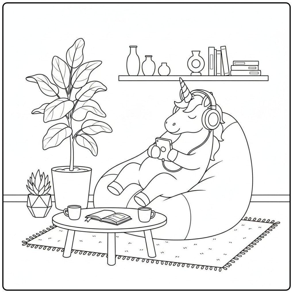 Relaxte unicorn kleurplaat op een zitzak met koptelefoon.