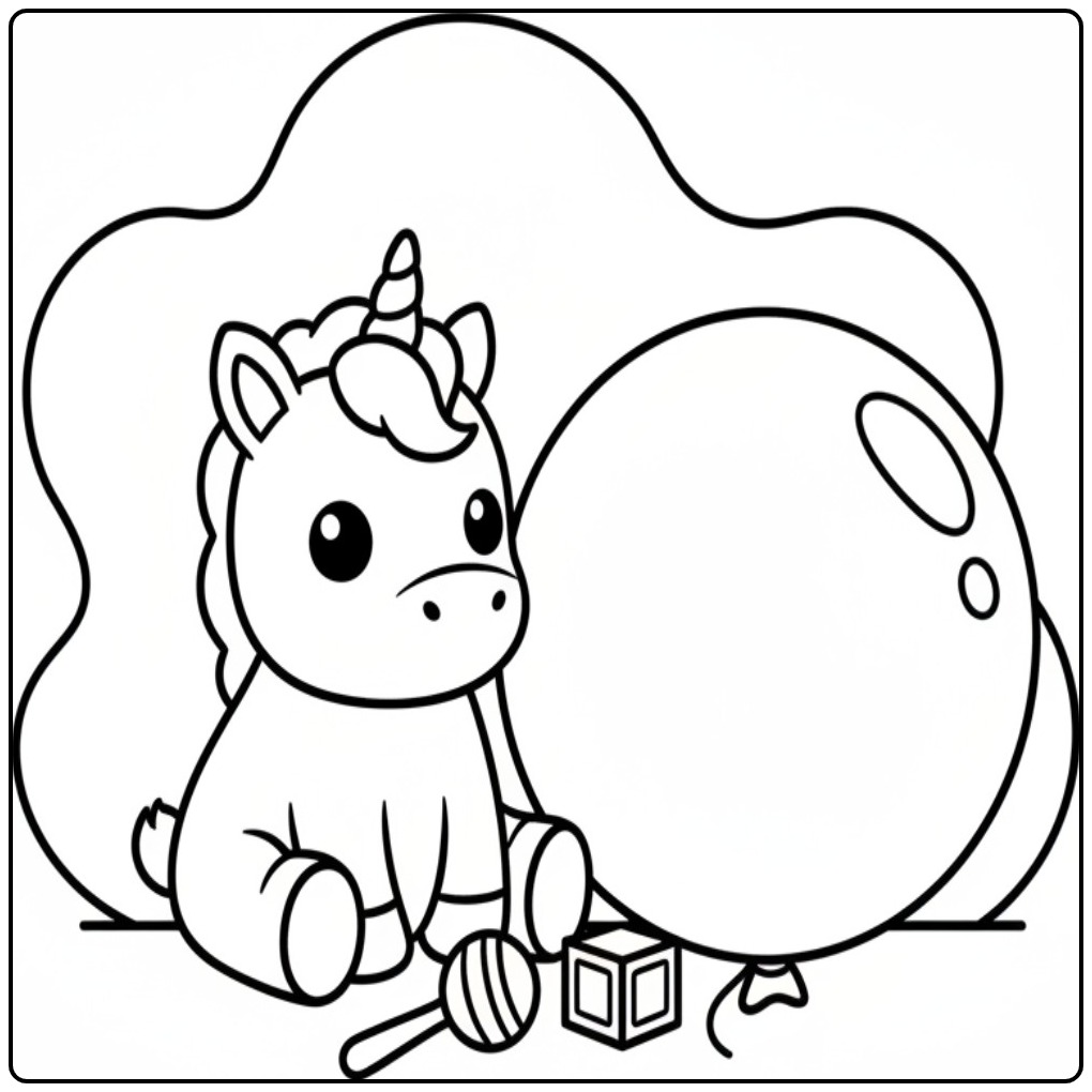 Schattige unicorn kleurplaat met ballon en speelgoed