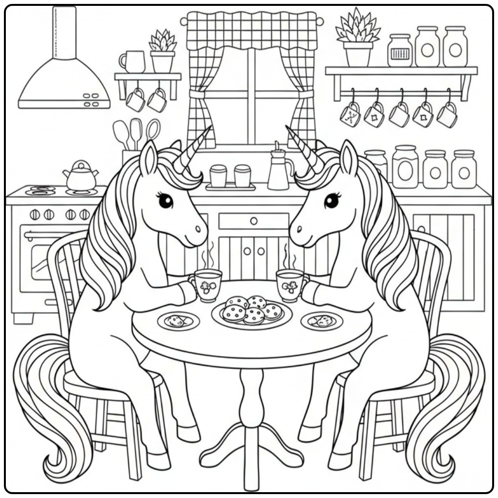 Tweehoorn kleurplaat keuken, lekker thee en koekjes momentje.