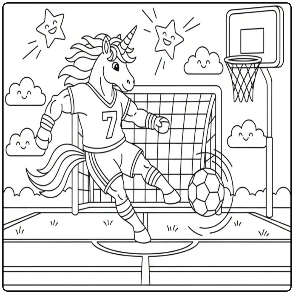 Voetballende unicorn kleurplaat met sterren en wolken.