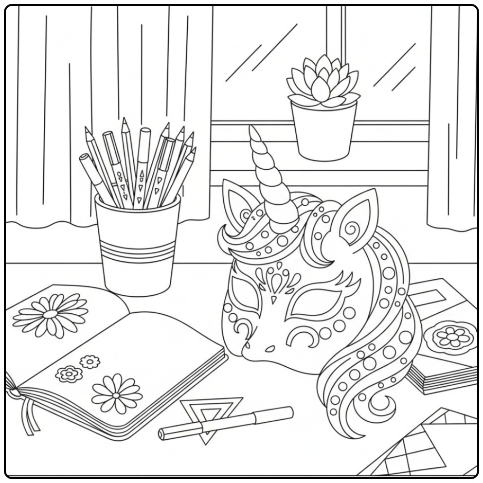 Kleurplaat met unicorn masker, stiften en plantjes. unicorn masker kleurplaat