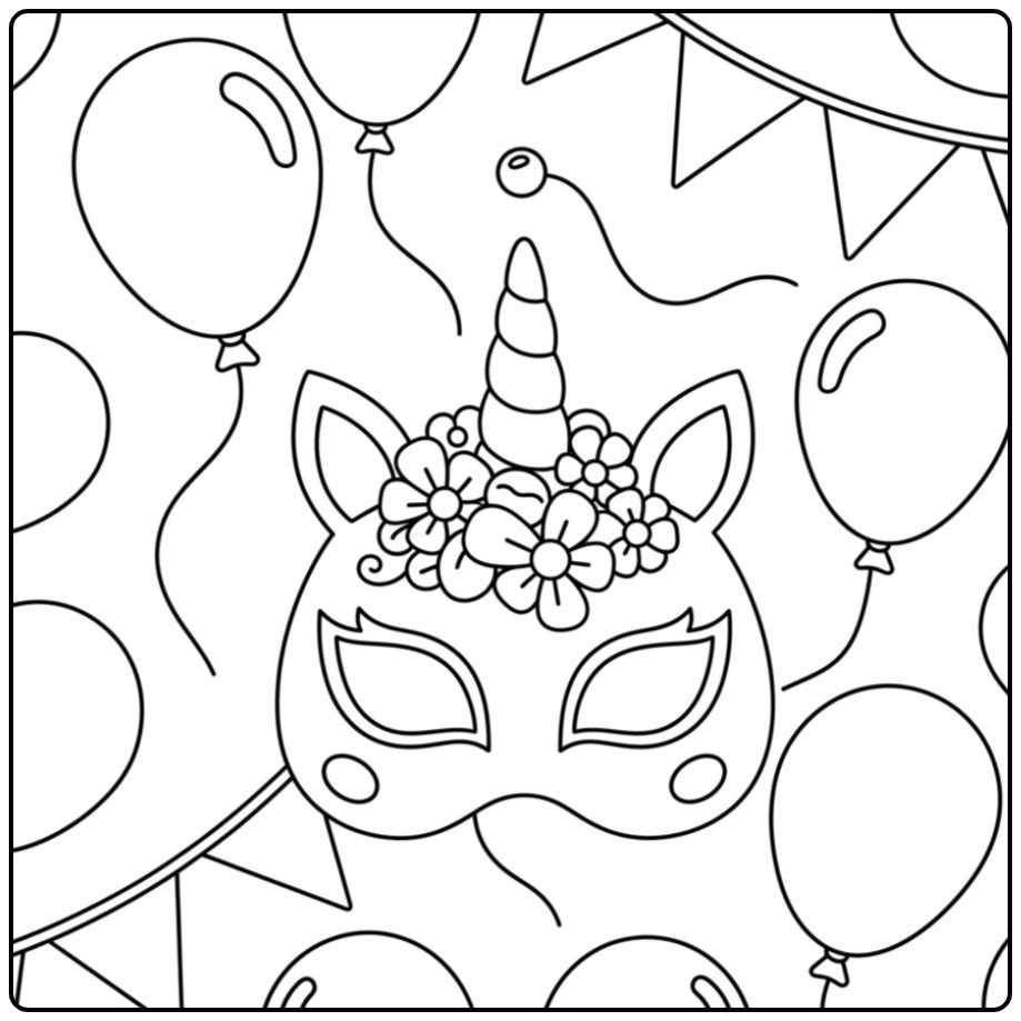 Schattig unicorn masker kleurplaat, klaar om in te kleuren!