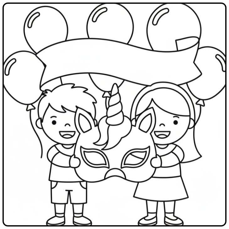 Kinderen met een vrolijk unicorn masker kleurplaat