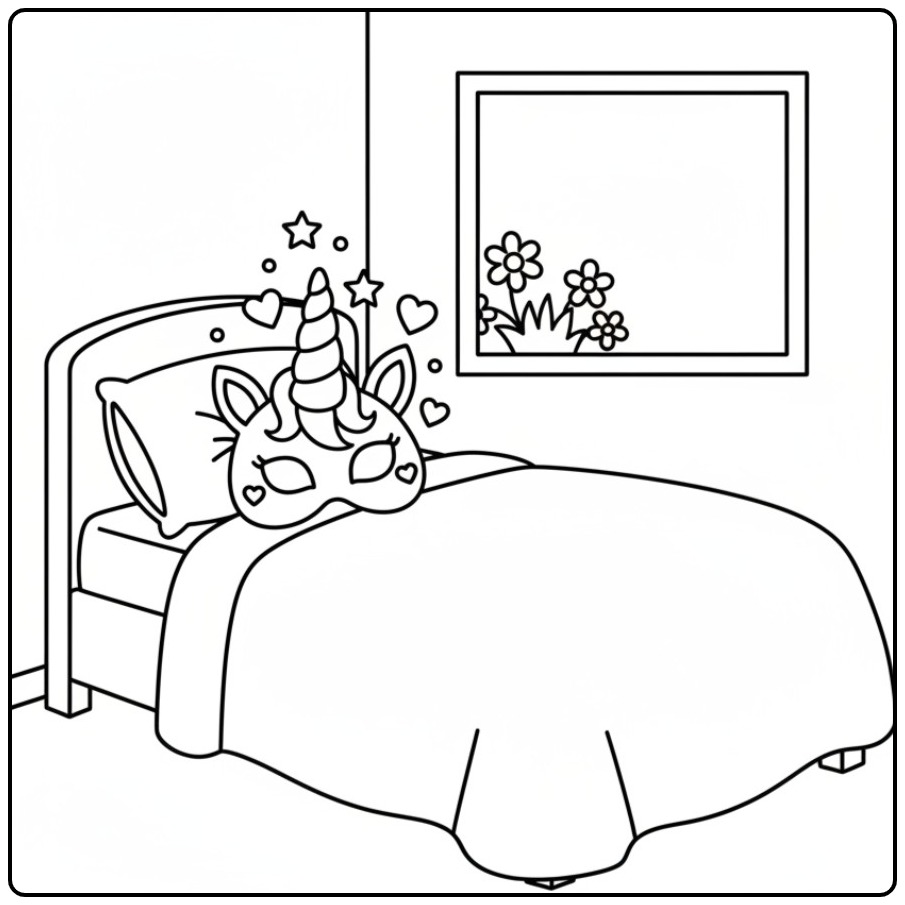 Eenhoorn masker kleurplaat op bed, klaar voor dromen!