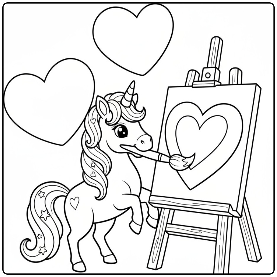 Eenhoorn met verf kleurplaat unicorn hartjes voor creatievelingen.