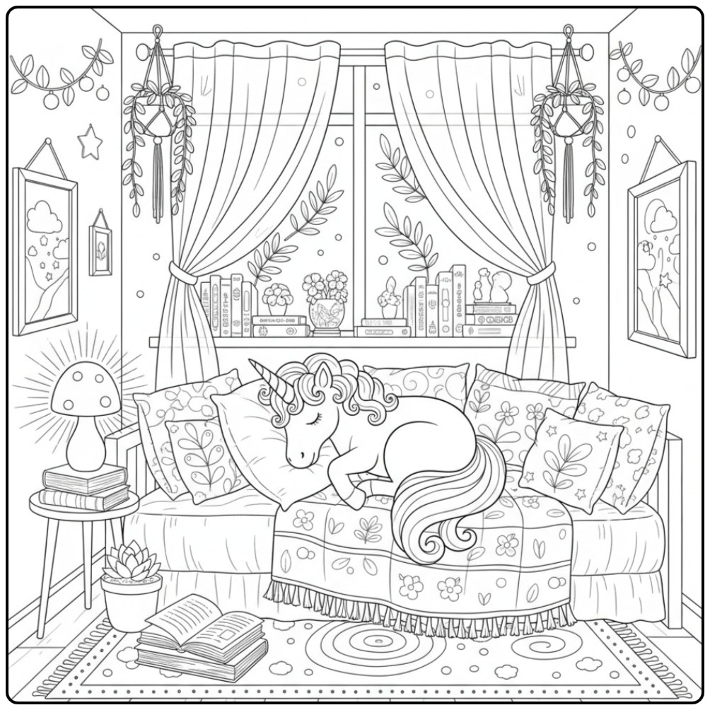 Slapende unicorn kleurplaat op een zachte sofa, klaar om in te kleuren!