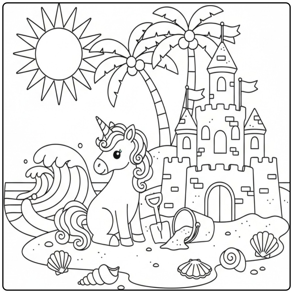 Eenhoorn kleurplaat op het strand met golven en een kasteel.