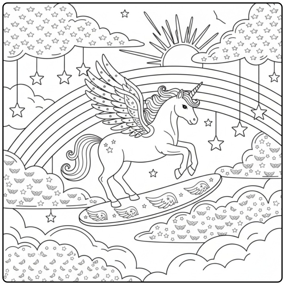 Kleur eenhoorn surfend, droom unicorn kleurplaat voor kids!