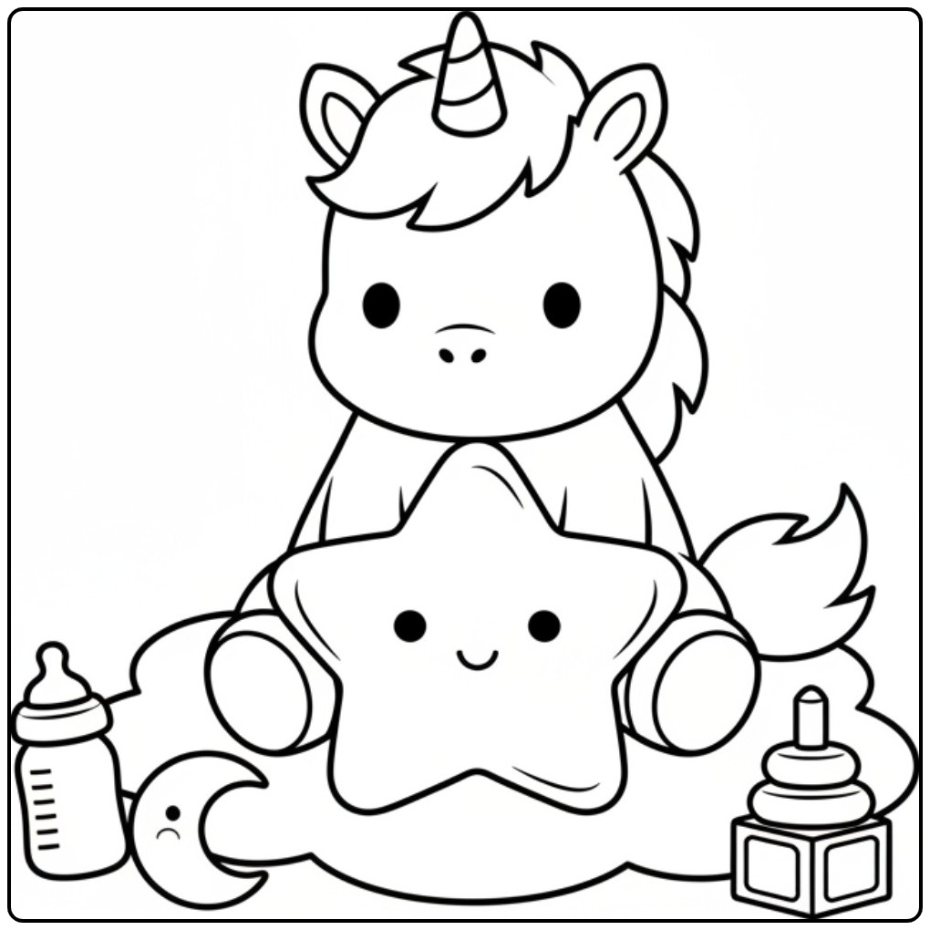 Schattige unicorn kleurplaat met sterren en speelgoed