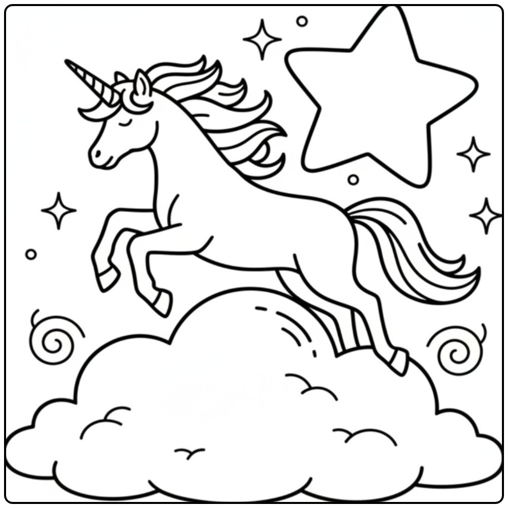 Eenhoorn kleurplaat op een wolk, klaar om in te kleuren.