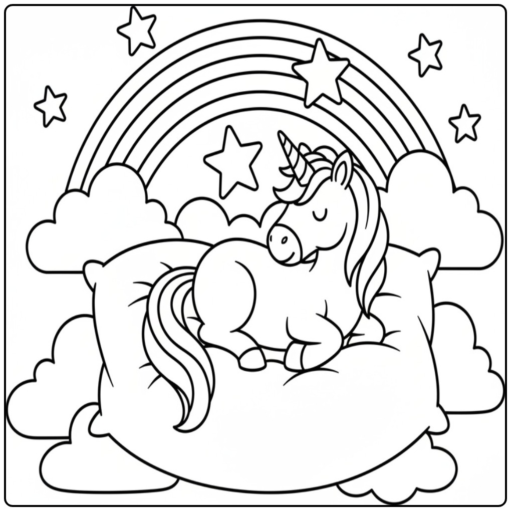 Schattige unicorn kleurplaat met regenboog en sterren