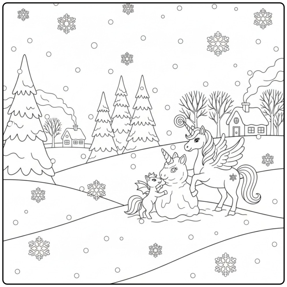 Winterse unicorn kleurplaat met sneeuwpop en eenhoorn familie.