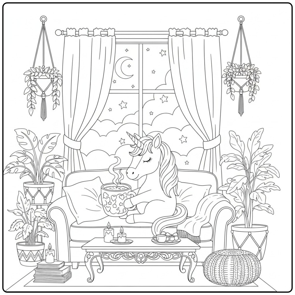 Ontspannende unicorn kleurplaat met eenhoorn op de bank