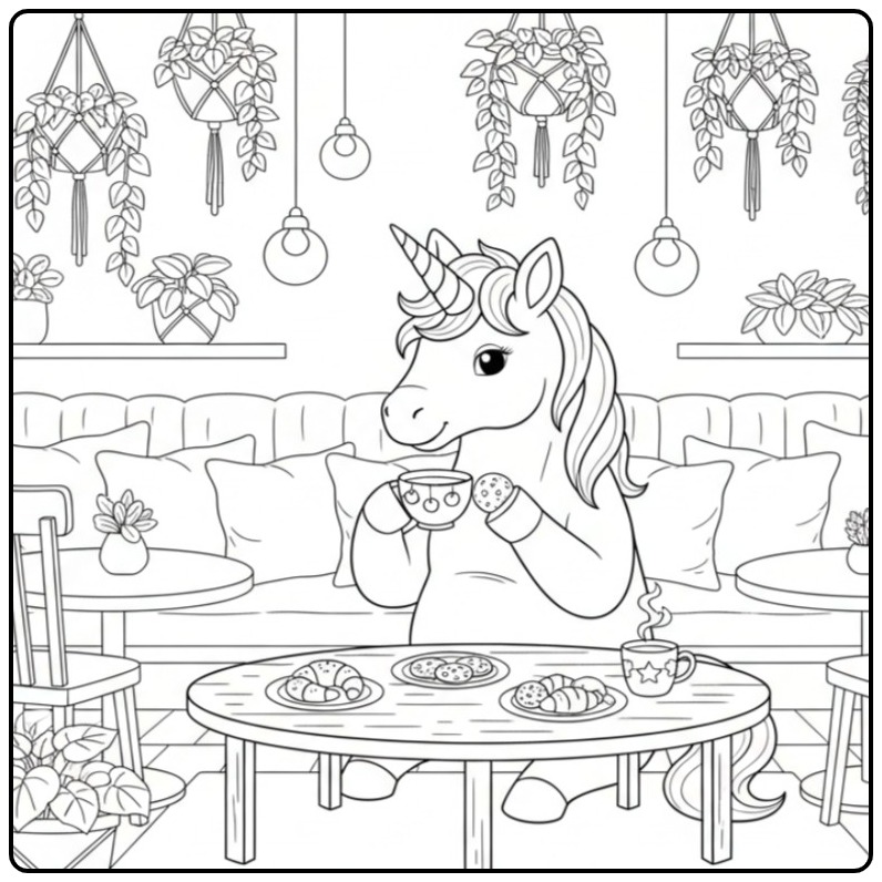 Magische unicorn kleurplaat in een gezellig café!