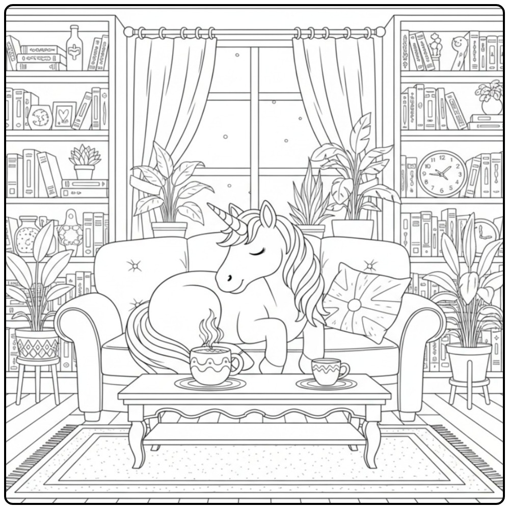 Schattige unicorn kleurplaat op de bank met thee