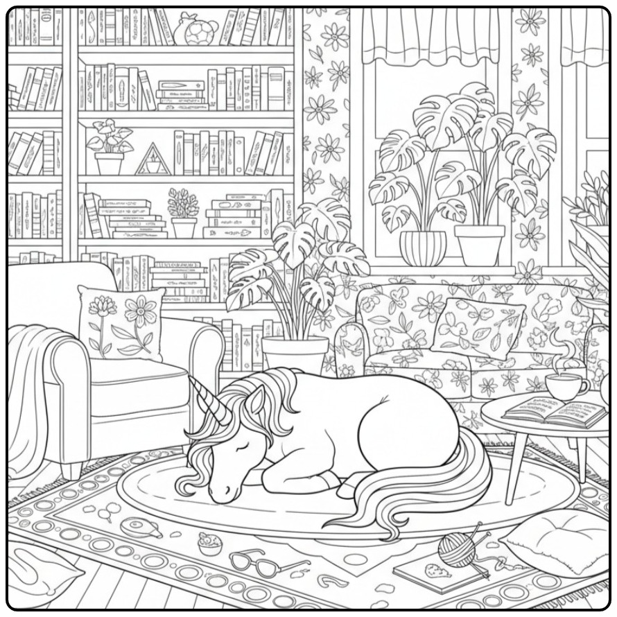 Slapende unicorn kleurplaat op een kleed in de woonkamer.