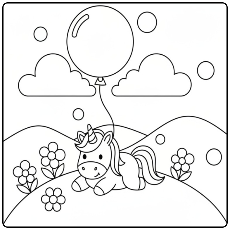 Schattig unicorn kleurplaat met ballon in de wolken