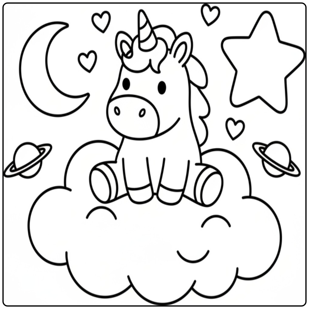 Schattige unicorn kleurplaat op een wolk met maan en sterren.