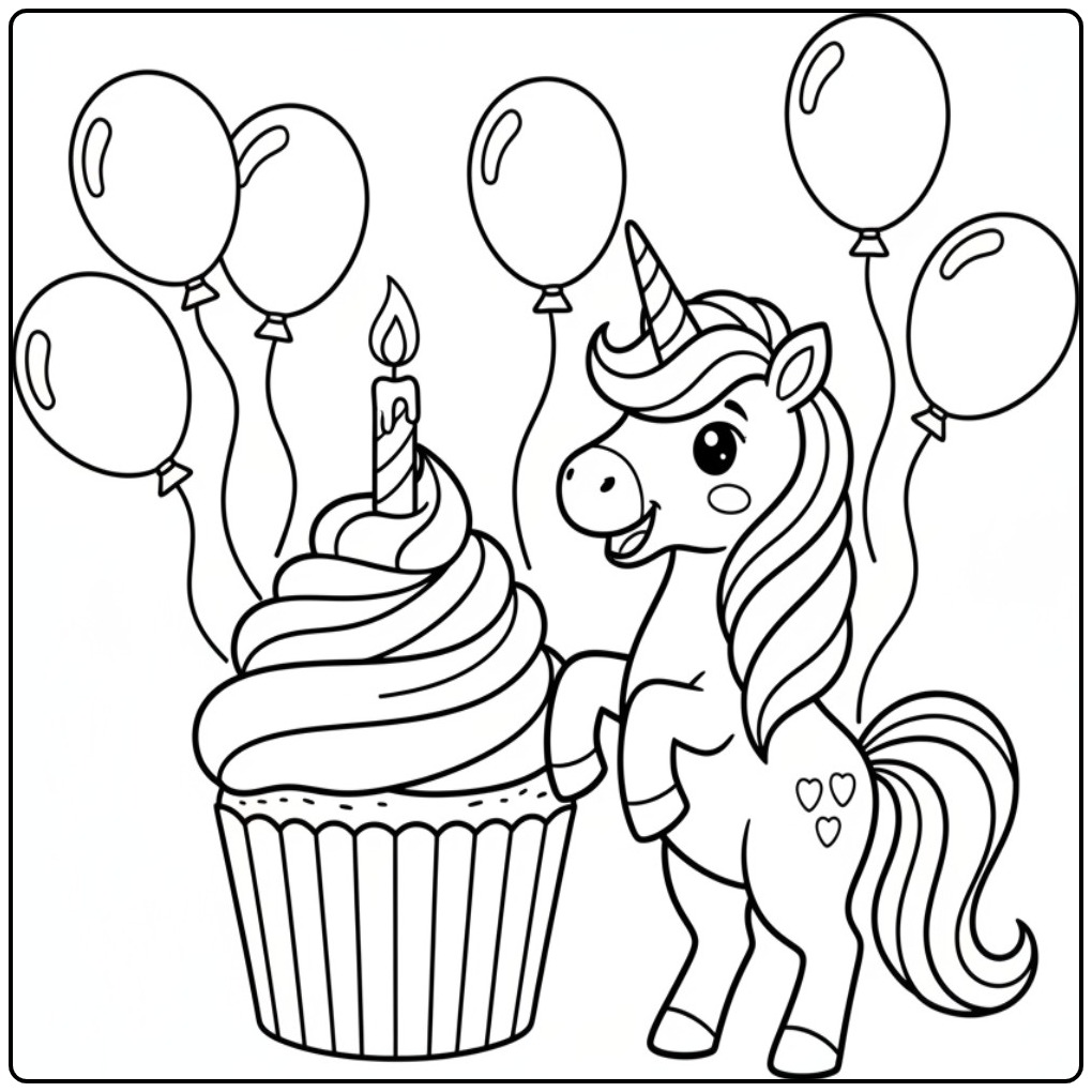Leuke unicorn kleurplaat met eenhoorn en feestelijke ballonnen.