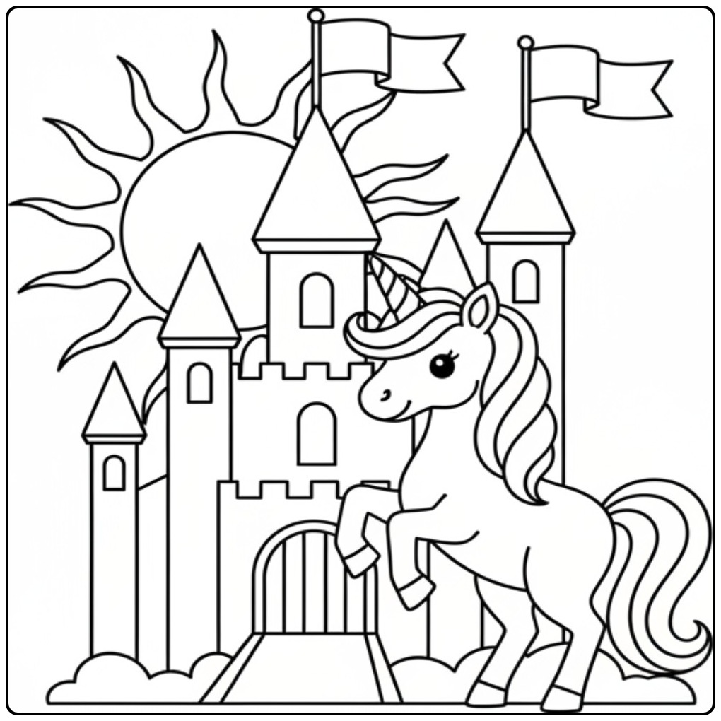 Magische unicorn kleurplaat bij kasteel onder de zon.