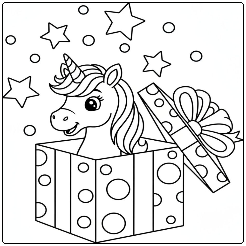 Magische unicorn kleurplaat in een doos, klaar om in te kleuren!