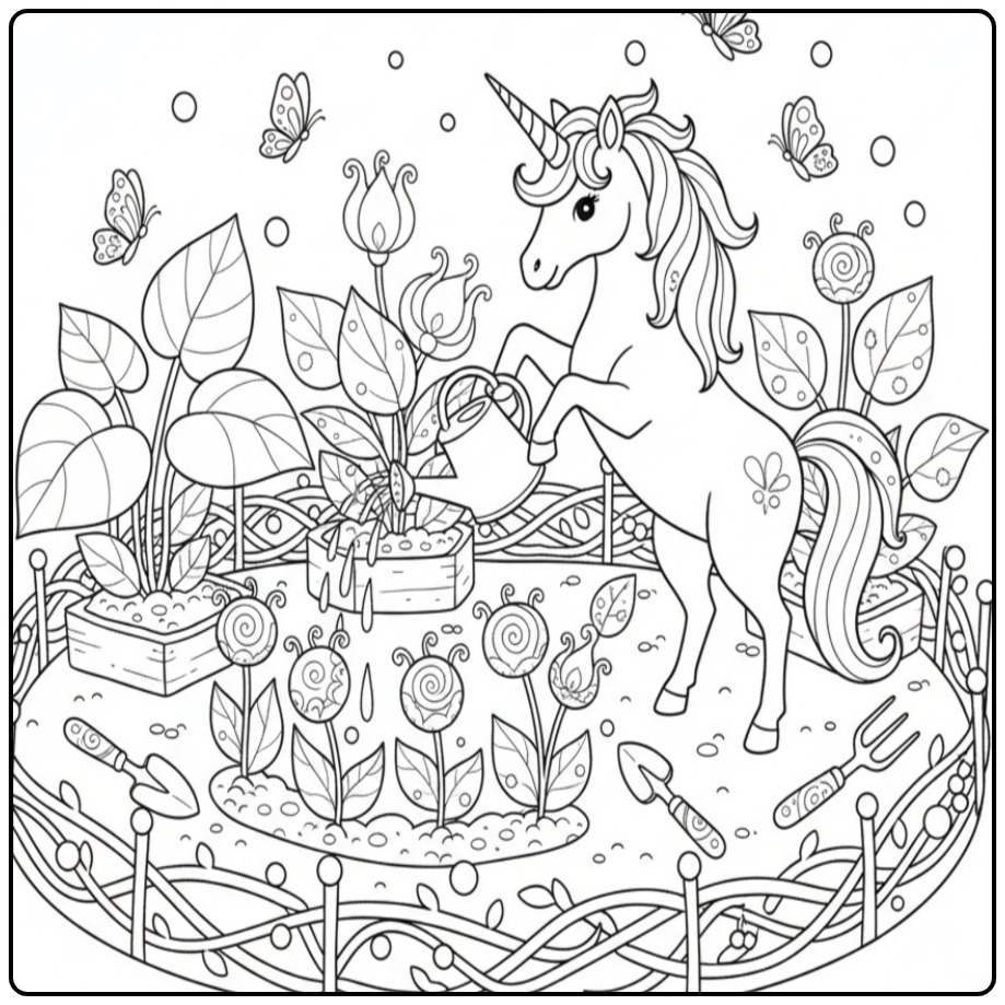 Kleur de unicorn kleurplaat in de tuin, vol vlinders!