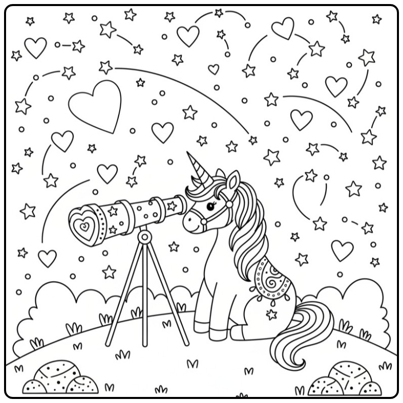 Eenhoorn kijkt door telescoop kleurplaat unicorn hartjes sterrenhemel.