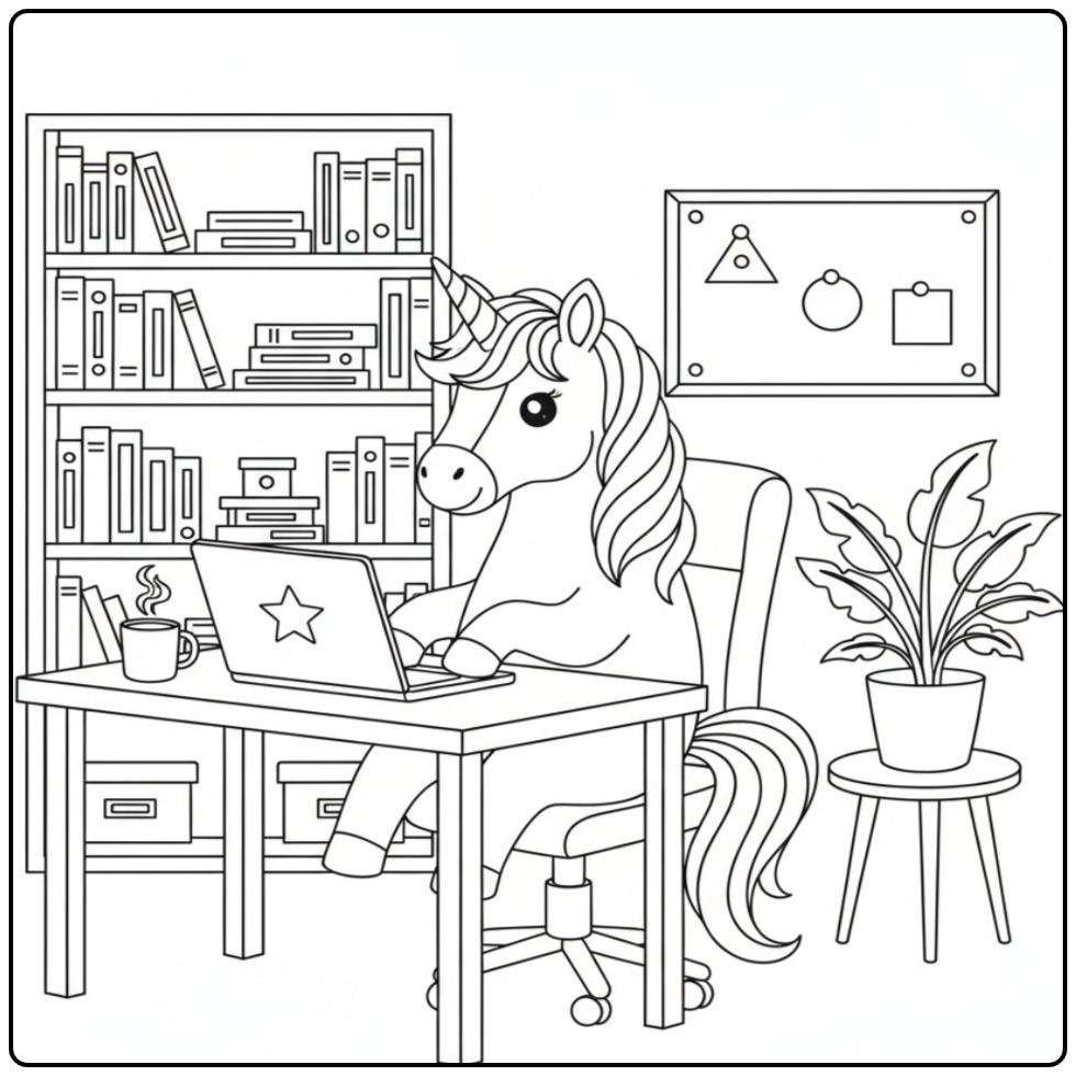 Kleur deze unicorn kleurplaat op laptop, creatief bezig!
