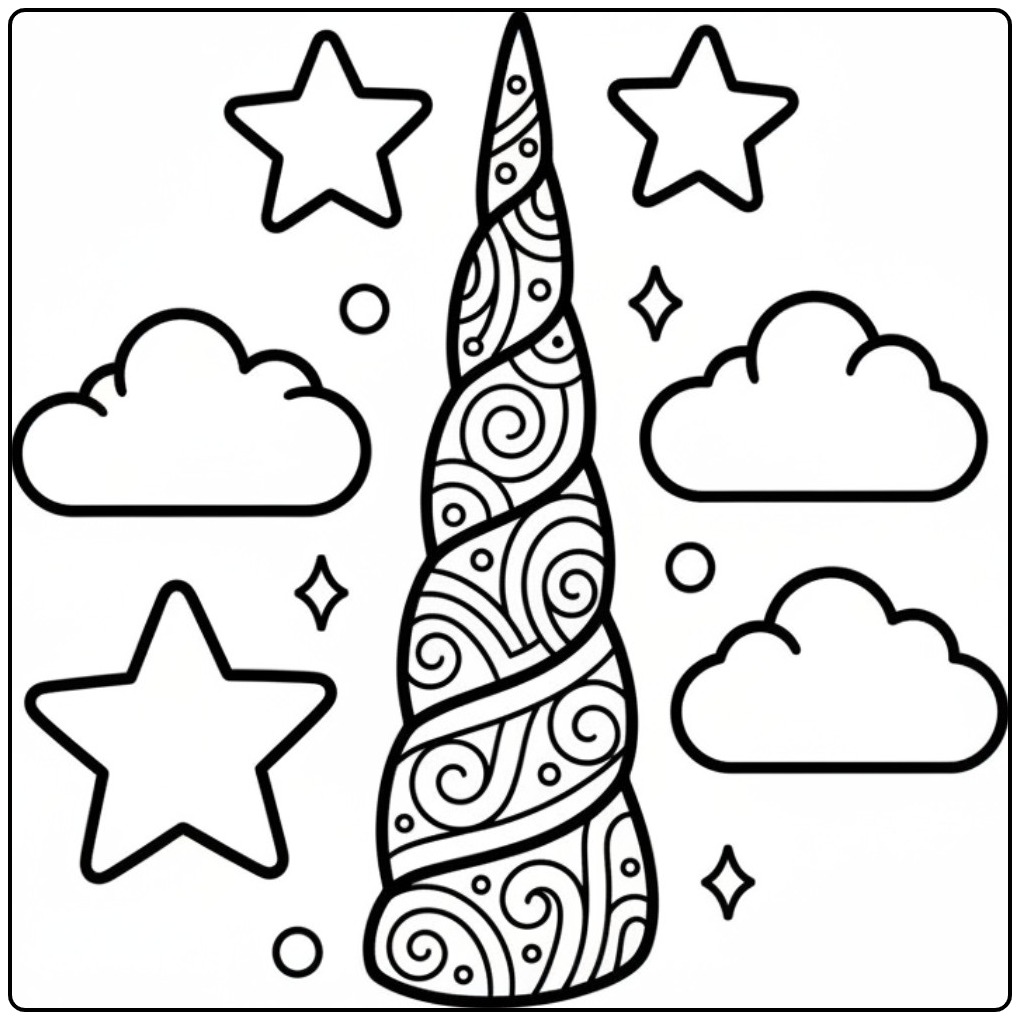 Magische unicorn hoorn kleurplaat met sterren en wolken