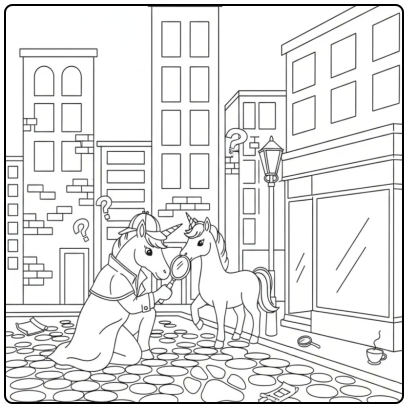 Unicorn kleurplaat speurt in de stad! Mysterie wacht.