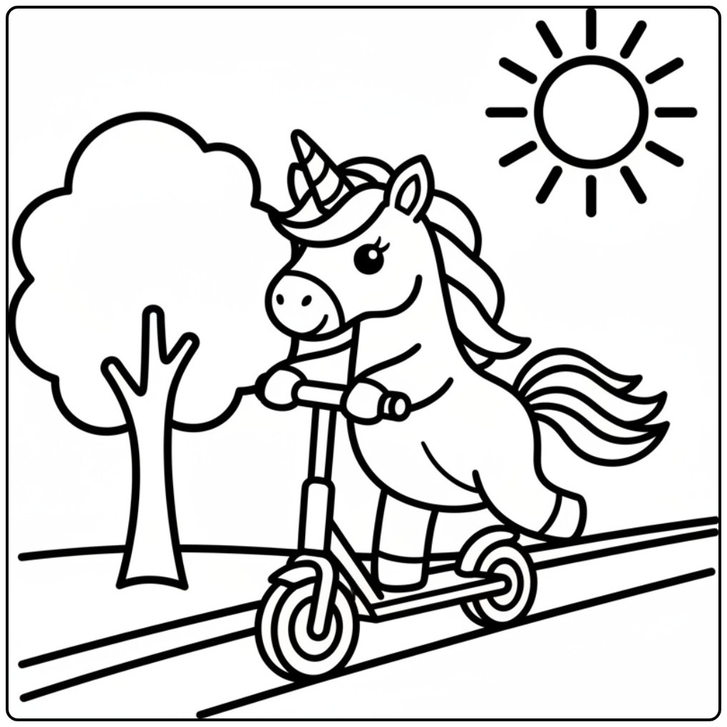 Eenhoorn kleurplaat met scooter en zon, perfect om in te kleuren!