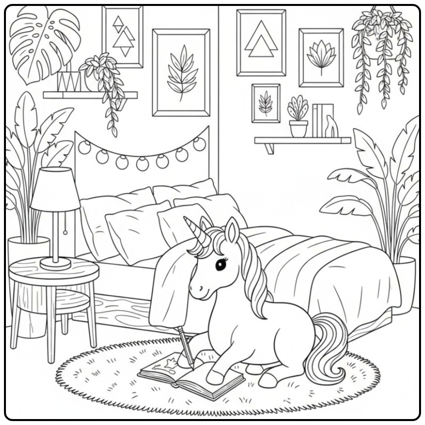 Schattige unicorn kleurplaat met boek en potlood.