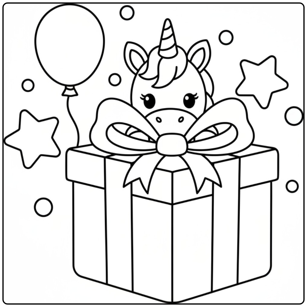 Schattige unicorn kleurplaat met cadeau en ballon, perfect om in te kleuren