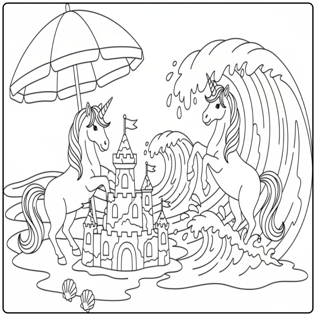 Eenhoorn kleurplaat strand, zandkasteel. Veel kleurplezier!