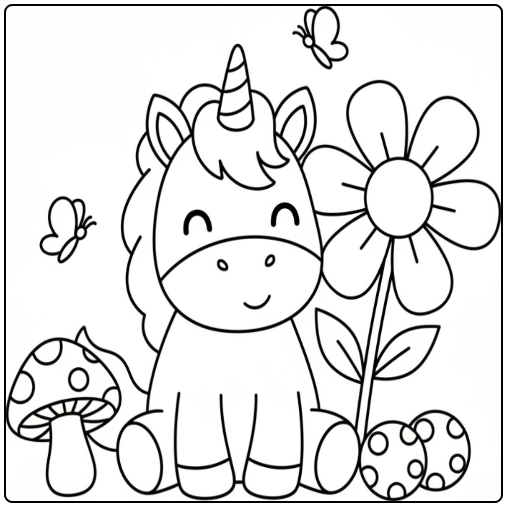 Schattige unicorn kleurplaat met vlinder en bloem. Plezier!