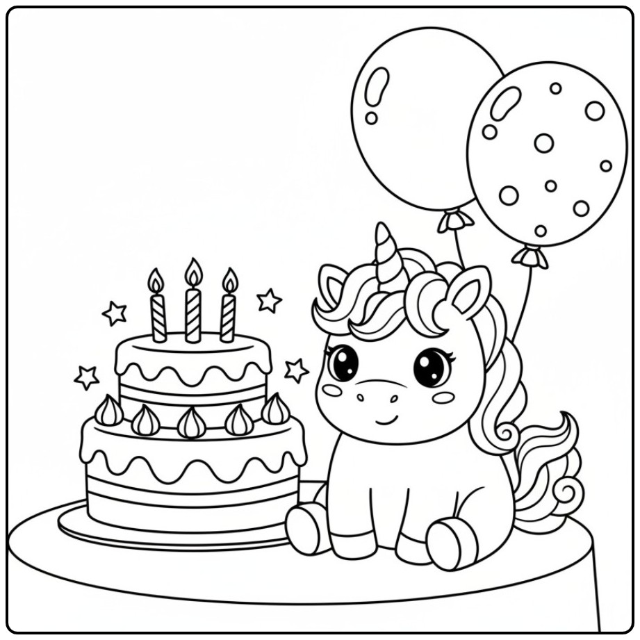 Schattige unicorn kleurplaat met taart en ballonnen voor kinderen.