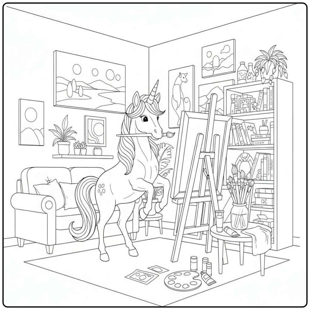 Eenhoorn kunstenaar kleurplaat, creatief en dromerig.