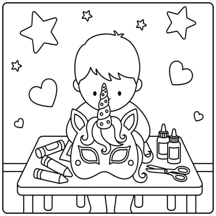 Jongen maakt unicorn masker kleurplaat! Knutsel plezier!