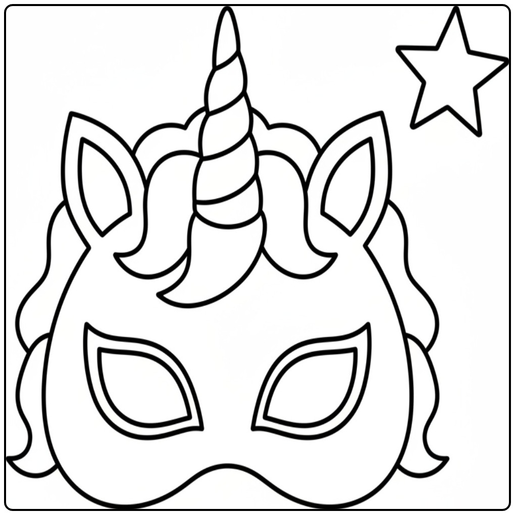 Kleur de unicorn masker kleurplaat feestelijk in en straal!