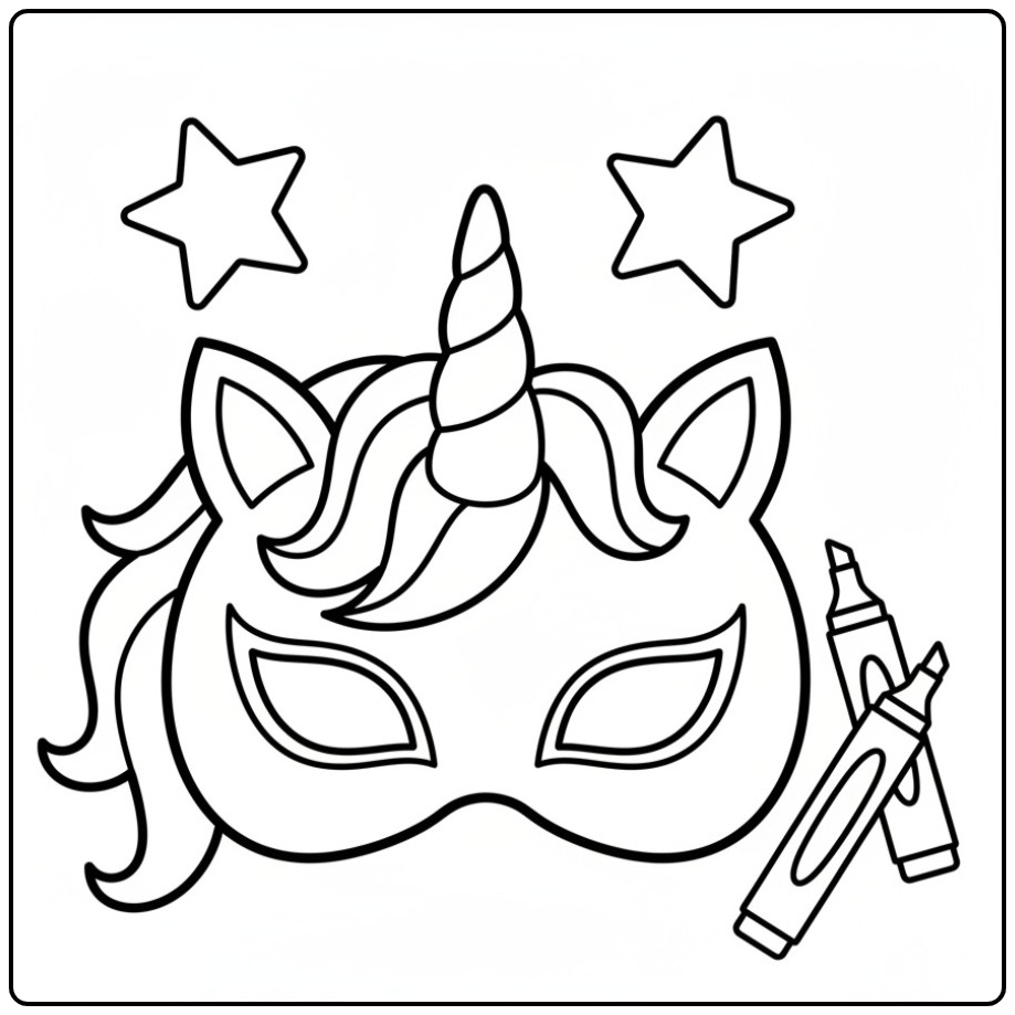 Kleur de unicorn masker kleurplaat in met stiften, erg leuk!