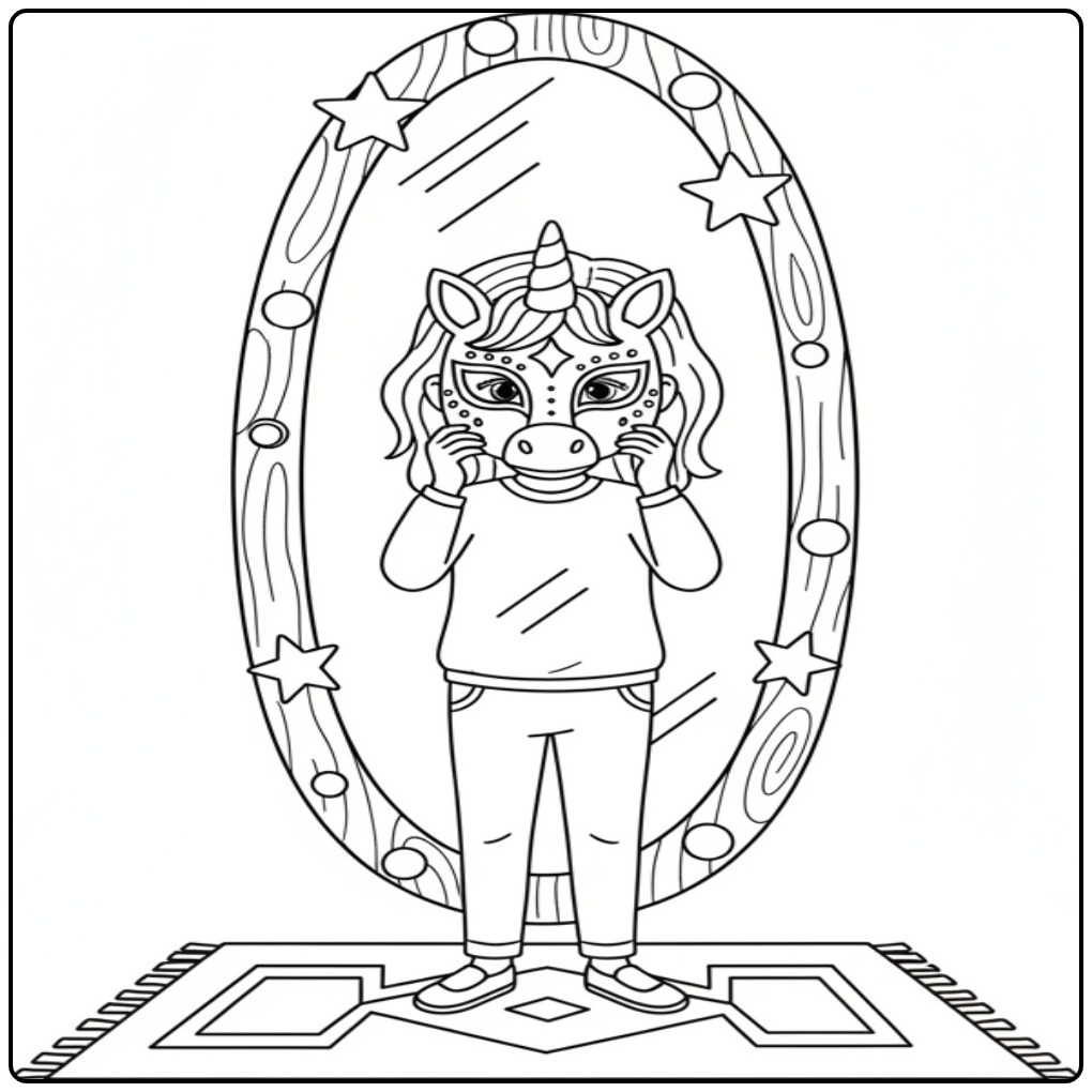 Meisje met unicorn masker kleurplaat in spiegelbeeld, creatief!