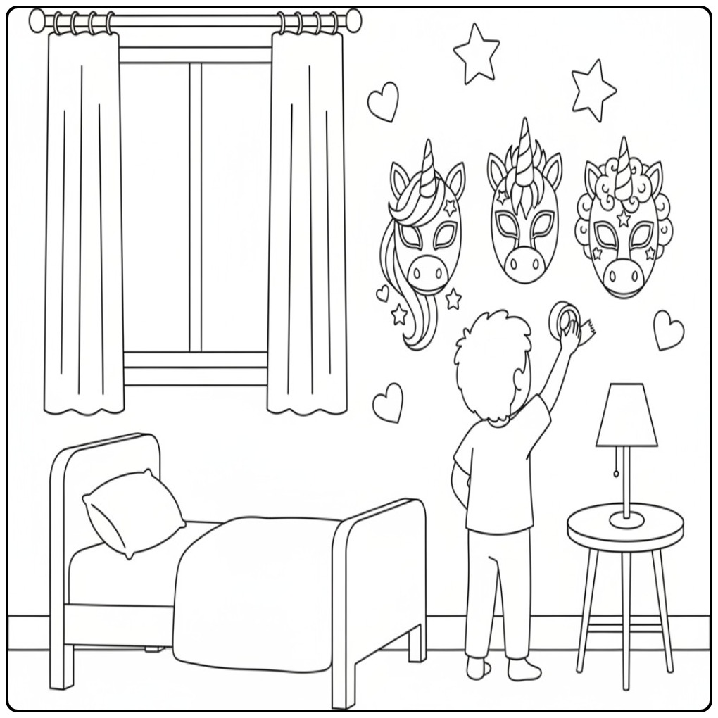 Jongen hangt unicorn masker kleurplaat op in zijn kamer.