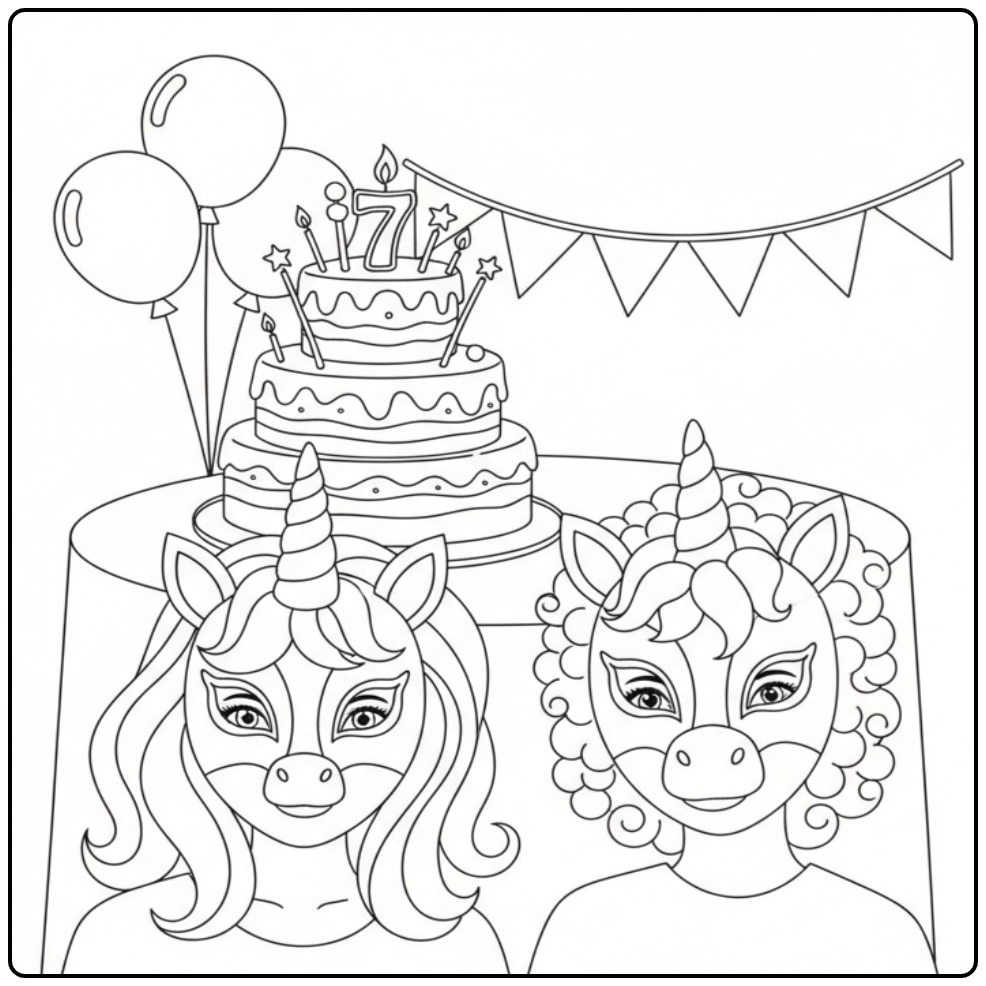 Twee meiden met unicorn masker kleurplaat vieren feest.