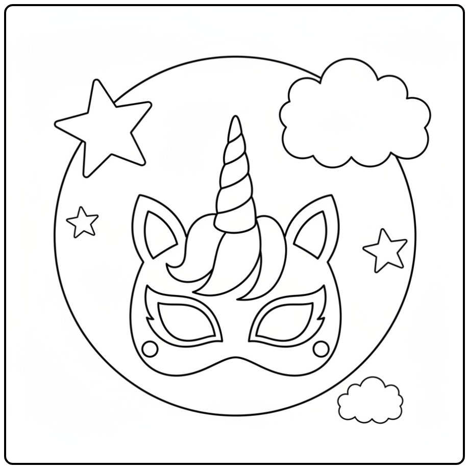 Kleur nu dit unicorn masker kleurplaat in! Fantasie masker om te kleuren.