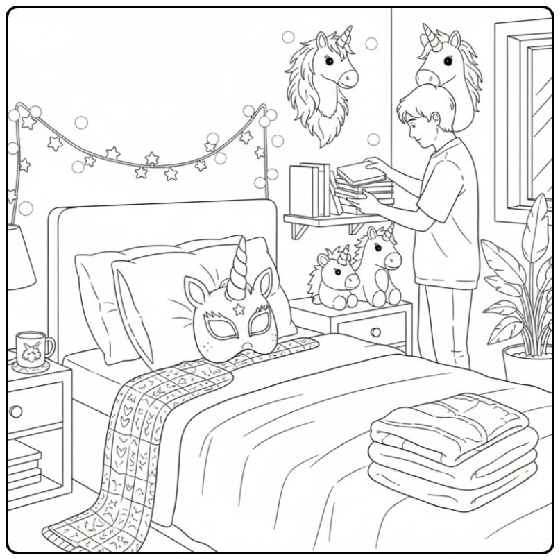 Kleur deze unicorn masker kleurplaat in en droom weg!