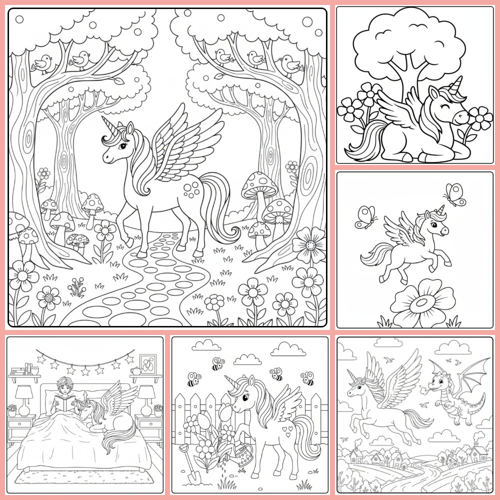 Gratis eenhoorn met vleugels kleurplaat (PDF) om te printen